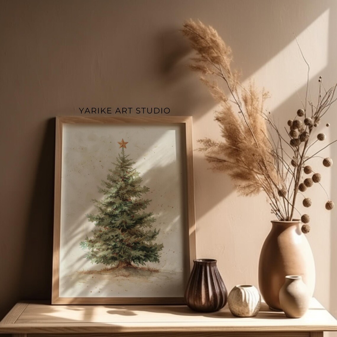 Minimalist Watercolor Christmas Tree With Gold Star Holiday Poster - Image 3