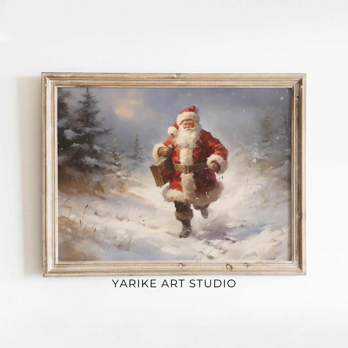 Vintage Santa Claus Walking Snowy Forest Christmas Gift Scene Poster