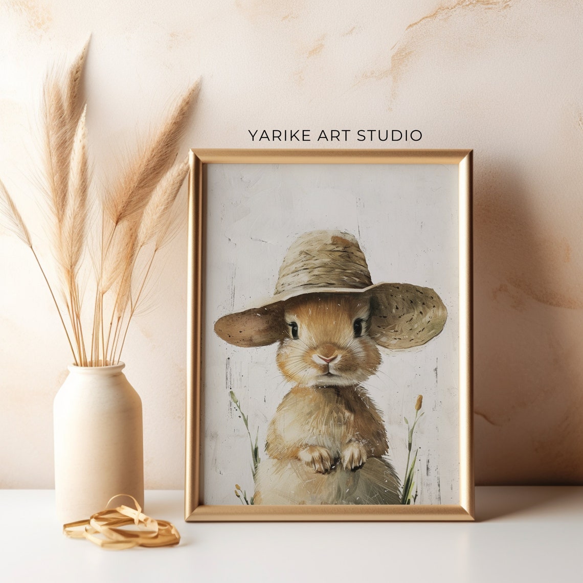 Adorable Bunny Wearing Straw Hat Cute Portrait Painting Poster - Image 2