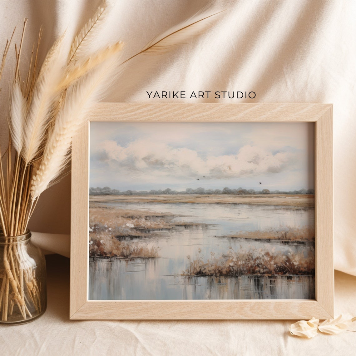 Muted Marsh Lake Reflections Cloudy Sky Muted Autumn Landscape Poster - Image 2