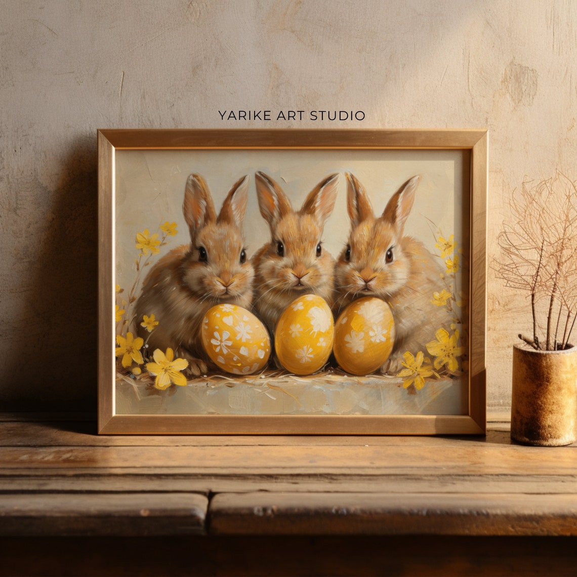 Three Bunnies with Yellow Easter Eggs Vintage Spring Art Poster