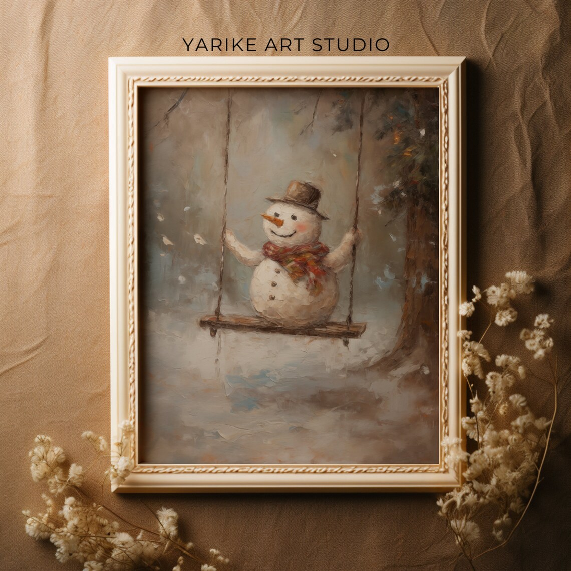 Cheerful Snowman on a Swing Winter Wonderland Painting Poster - Image 4