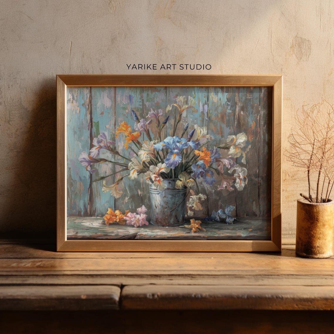 Blue Iris Bouquet Tin Pail Rustic Floral Still Life Painting Poster - Image 3
