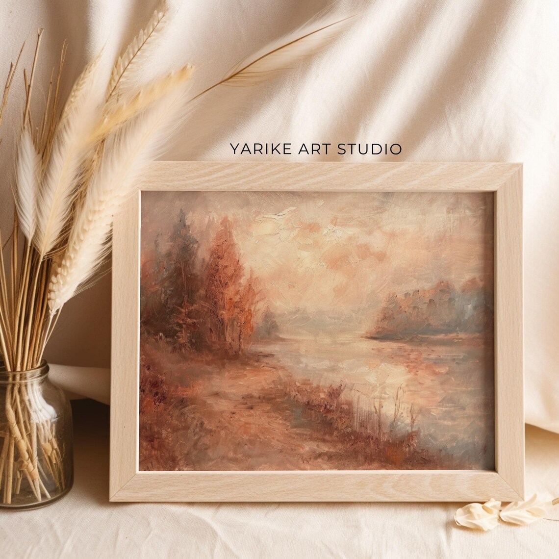 Soft Autumn Lake Landscape Muted Pink Peach Tonal Painting Poster - Image 6