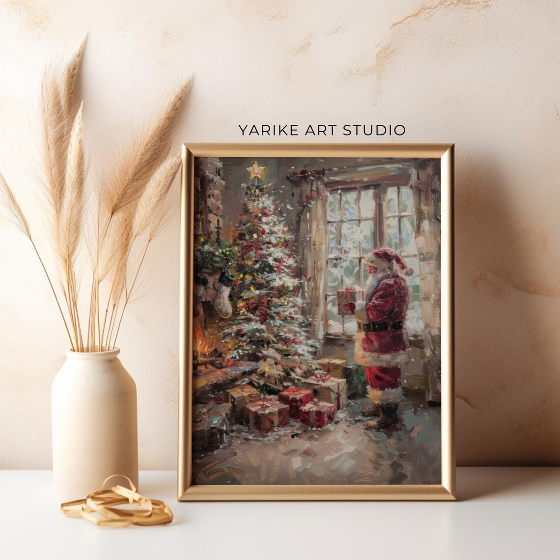 Santa Placing Gifts Under Christmas Tree Cozy Holiday Poster - Image 3
