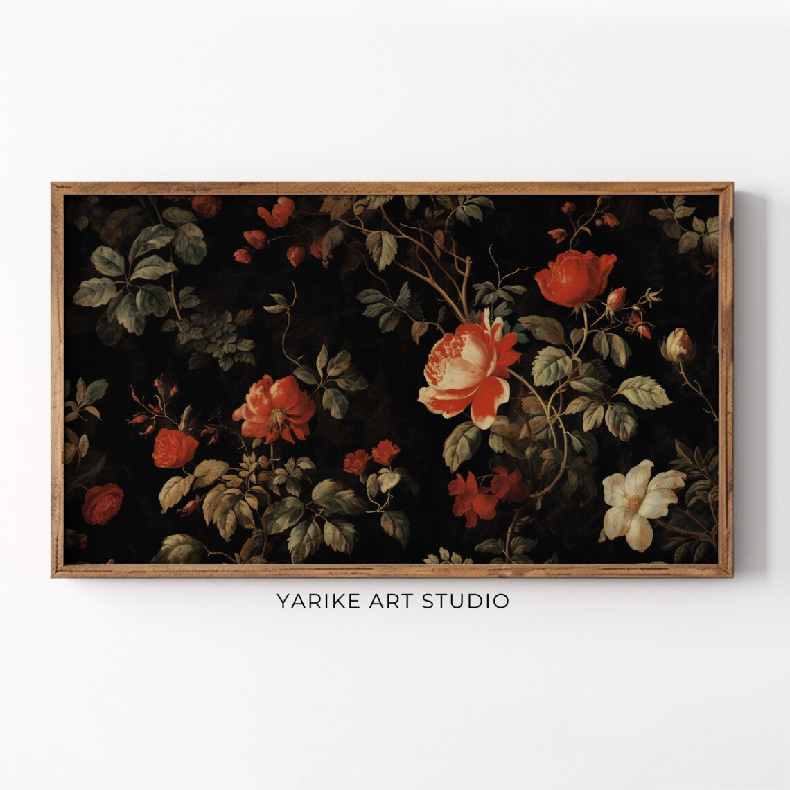 Dark Moody Red Roses on Black Vintage Botanical Floral Painting Poster
