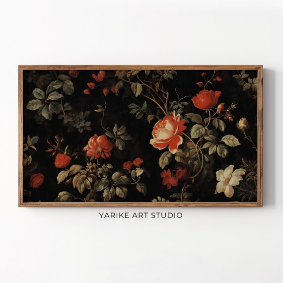 Moody Frame Tv Art Vintage Dark Flower Painting Dark Academia Botanical Tv Art Floral Art For Tv 135