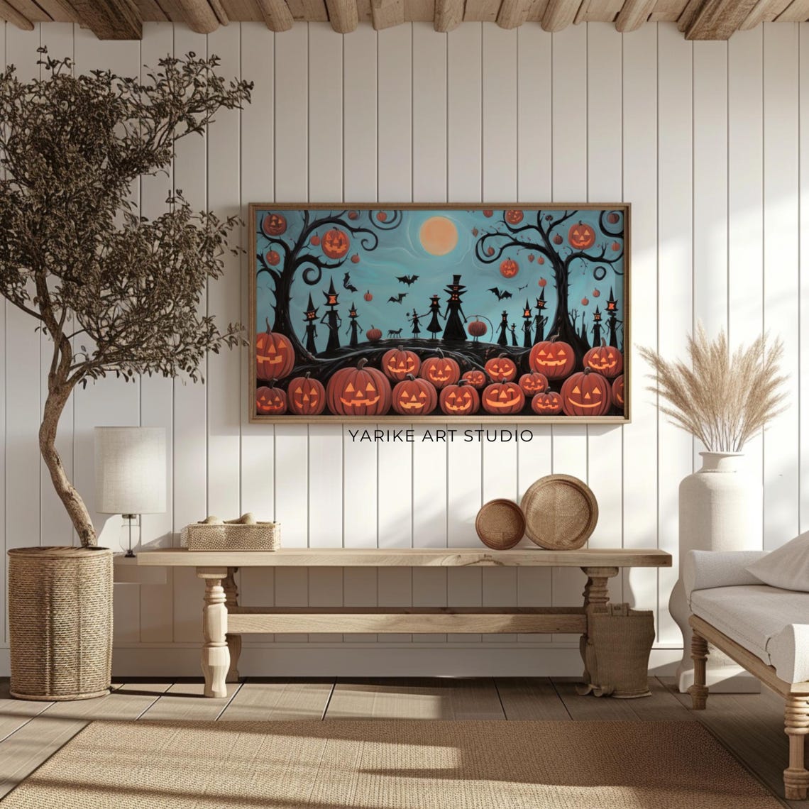 Halloween Witches Pumpkins Moon Bats Spooky Night Scene Poster - Image 2