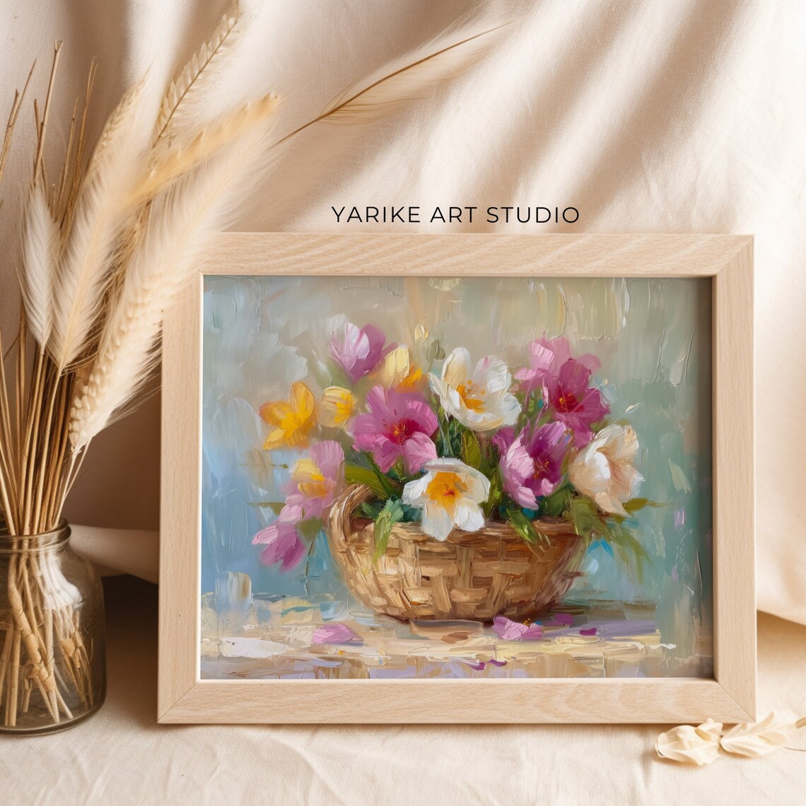 Spring Crocus Basket Oil Painting Pink Yellow Floral Still Life Poster - Image 2