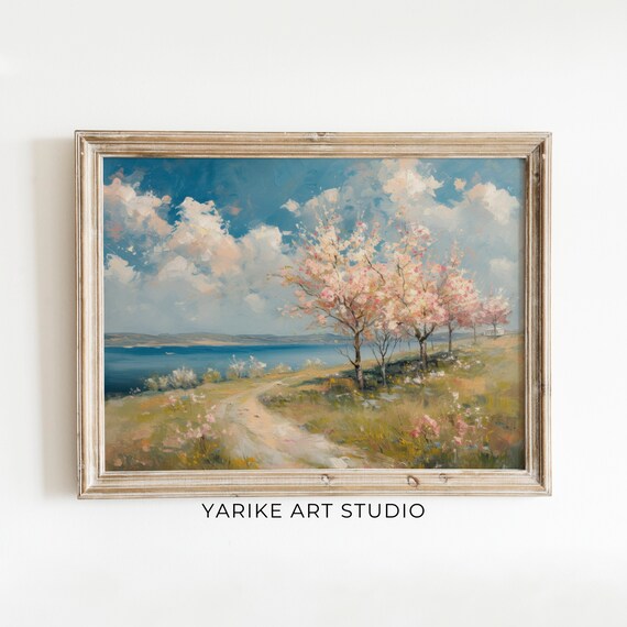 Cherry Blossom Trees By Blue River Spring Impressionist Landscape Poster