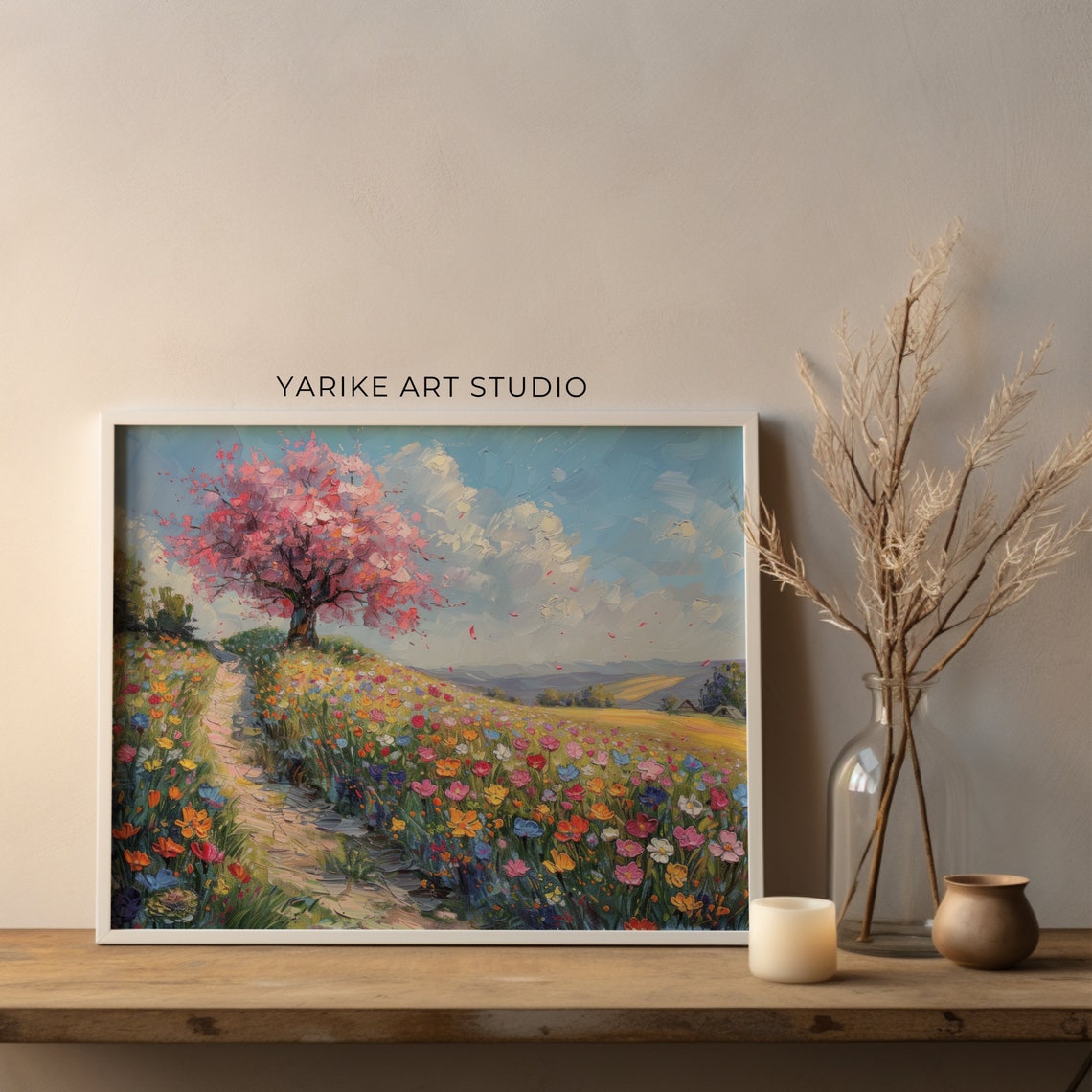 Wildflower Meadow Path With Pink Blossom Tree Spring Colorful Poster - Image 2