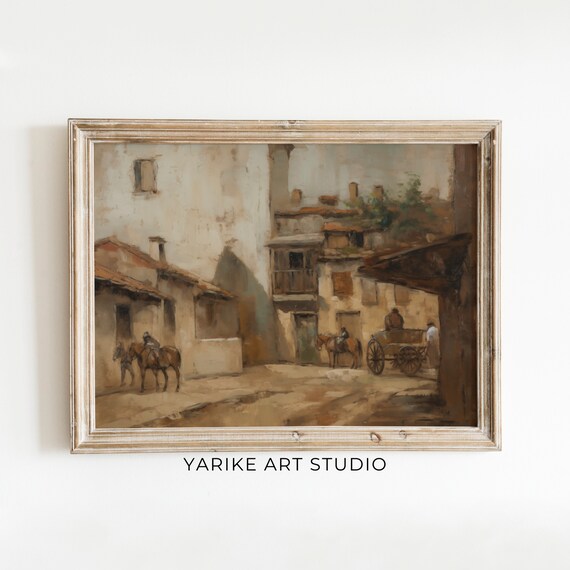 Vintage European Cityscape Oil Painting Neutral Architecture Wall Art Moody Urban Skyline Print Yarike 250 Ai