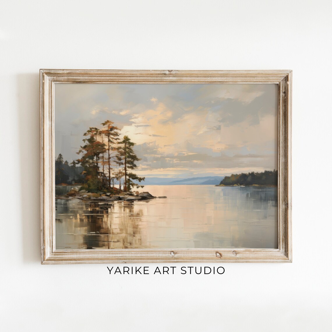 Moody Autumn Lake with Pine Trees Rocky Shore Landscape Painting Poster