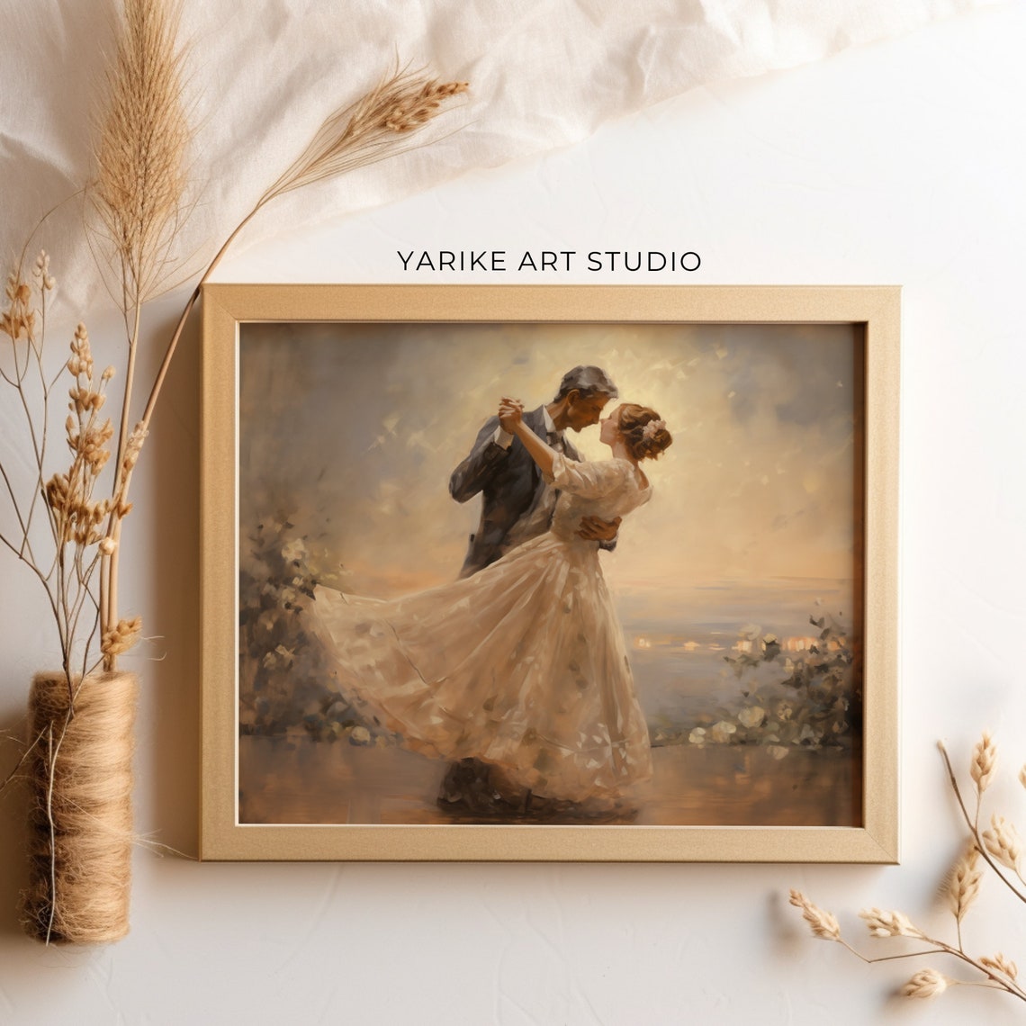 Romantic Couple Waltz Dancing at Sunset Vintage Painting Poster - Image 3
