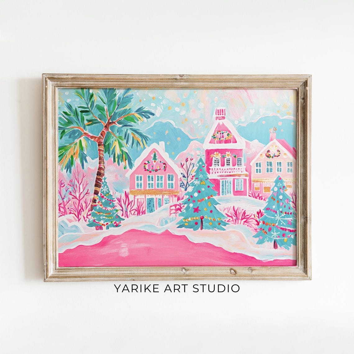 Pink Tropical Christmas Village With Palm Tree Holiday Poster
