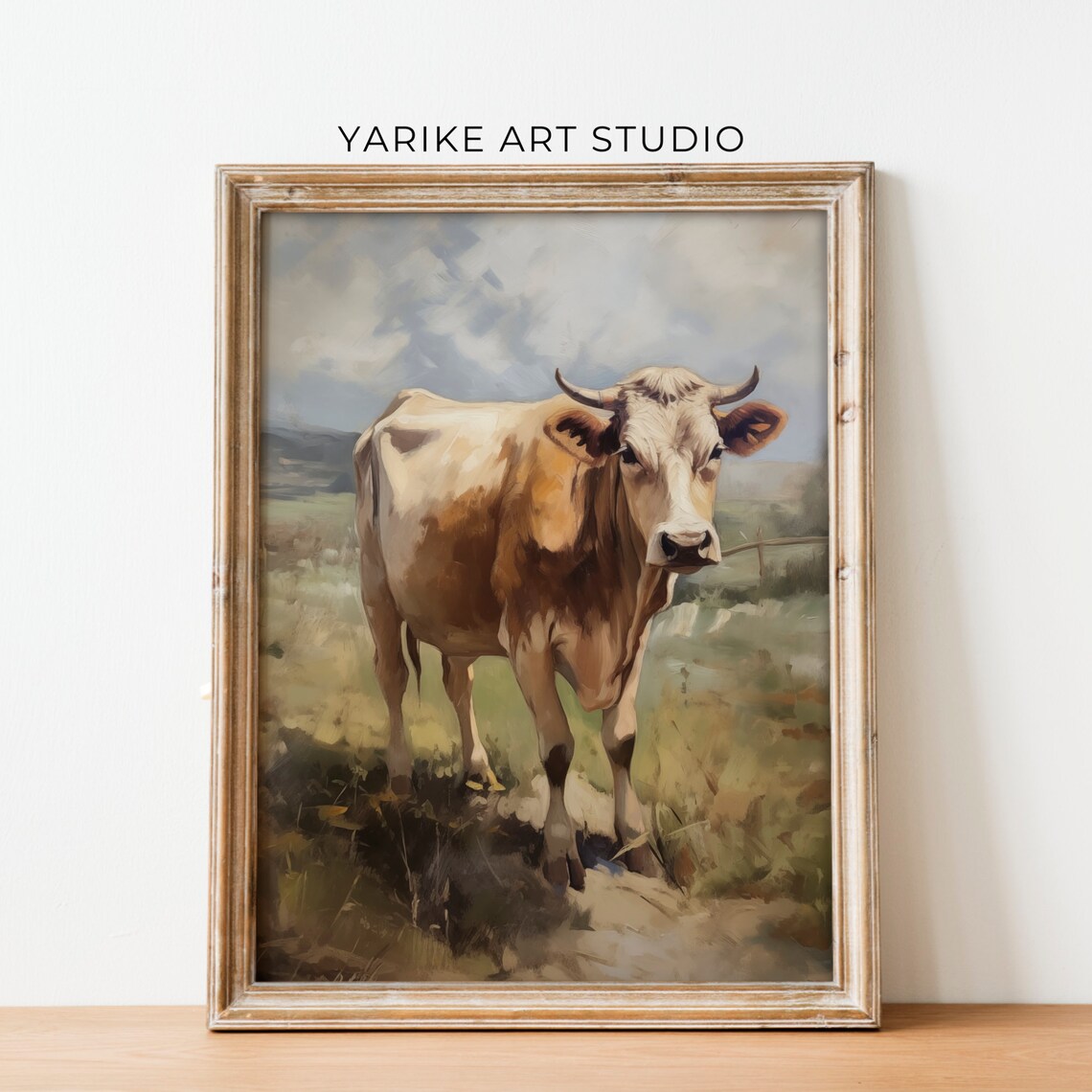 Brown White Cow In Meadow Vintage Farmhouse Animal Oil Print