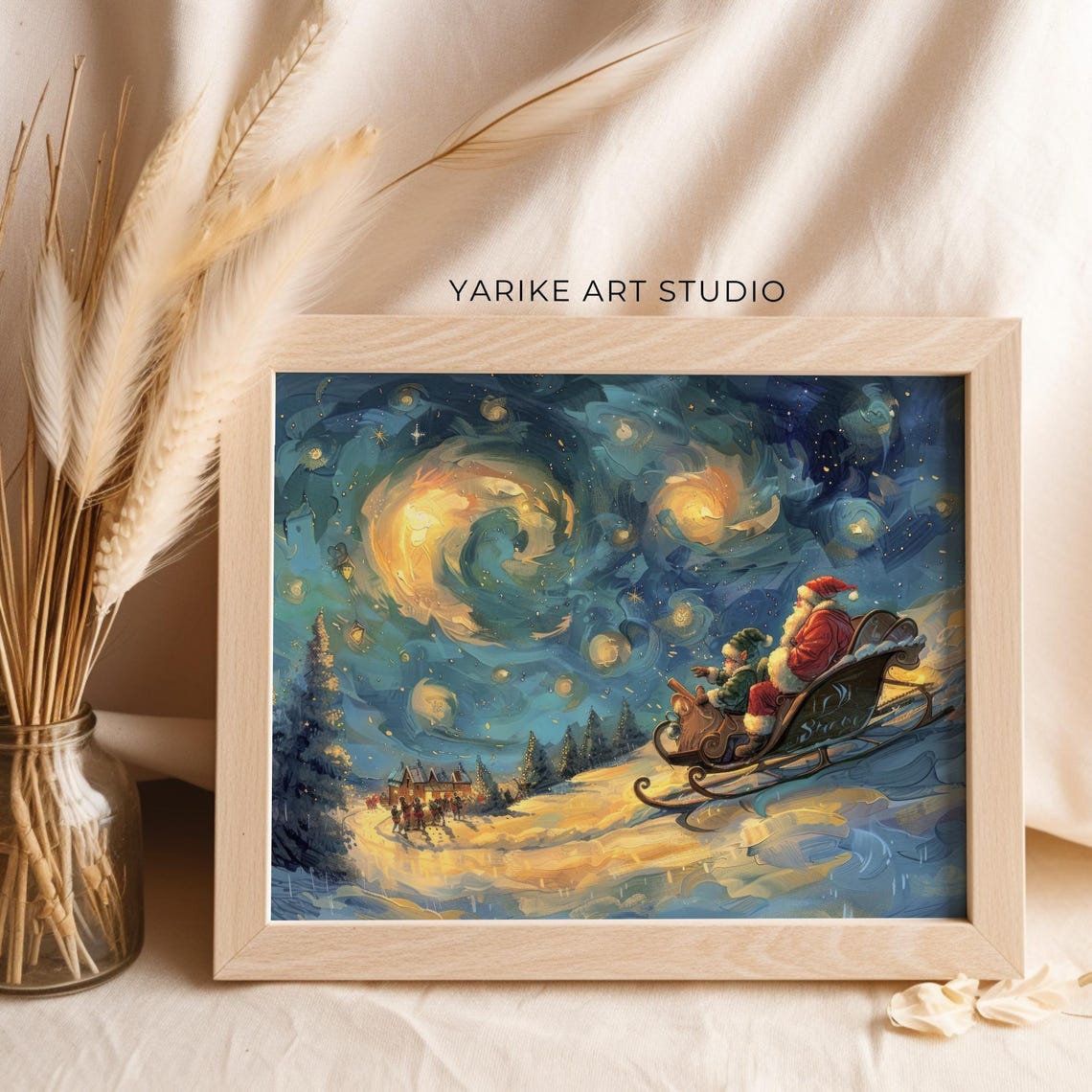 Santa Sleigh Ride Under Starry Night Sky Swirling Christmas Poster - Image 2