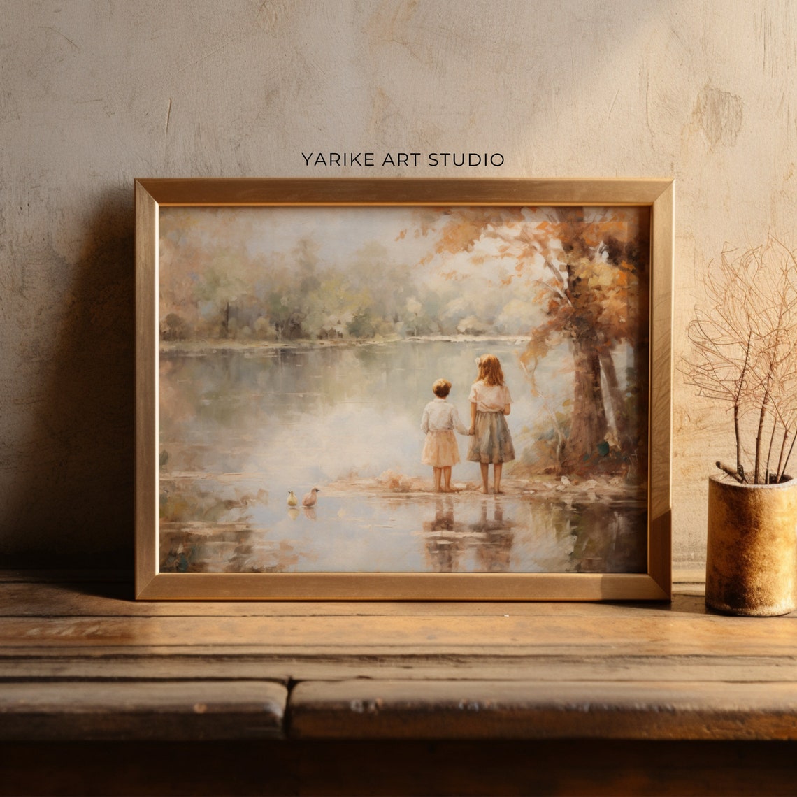 Two Children At Autumn Lakeside With Ducks Soft Nostalgic Poster - Image 2