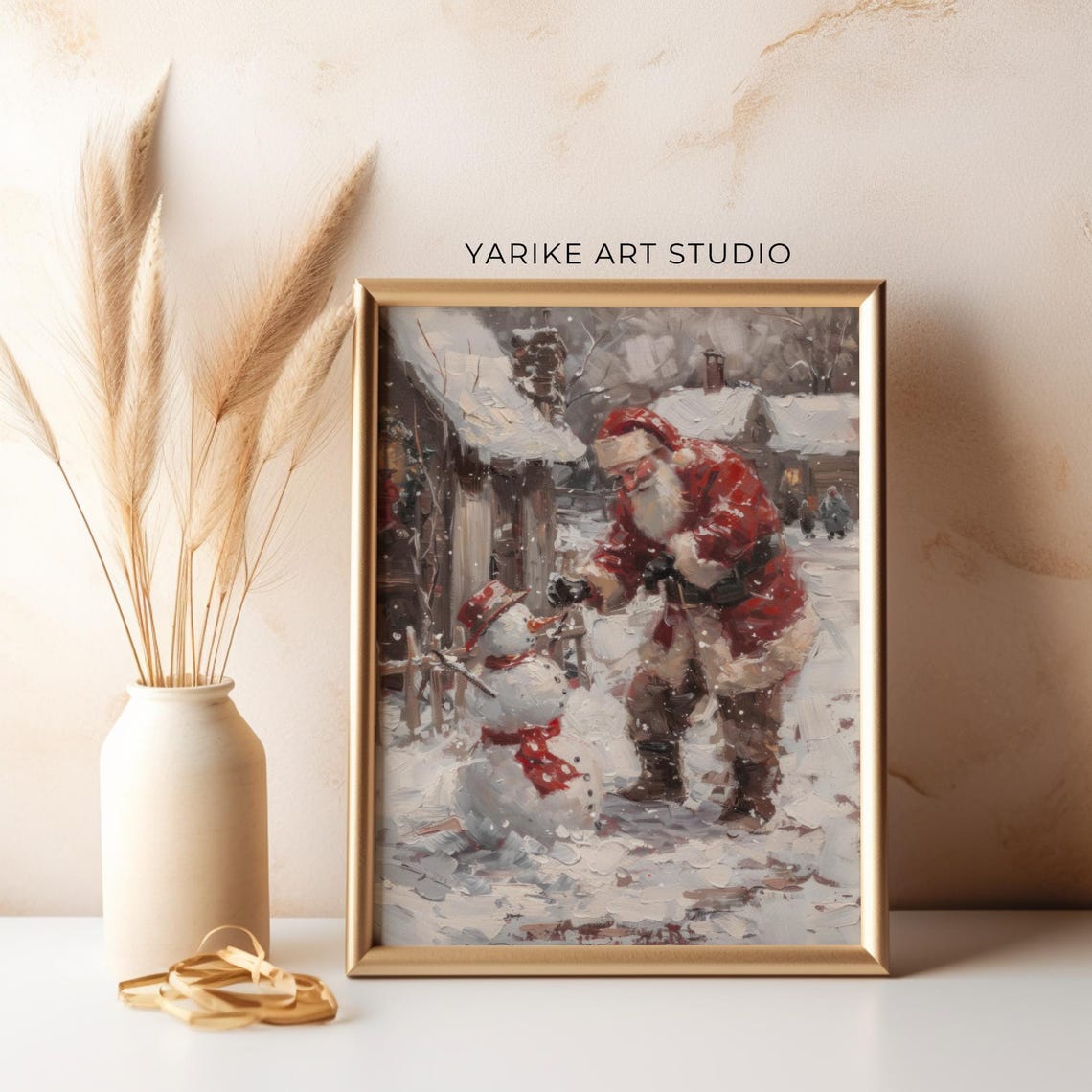 Vintage Santa Claus Building A Snowman Outside Cottage Poster - Image 4