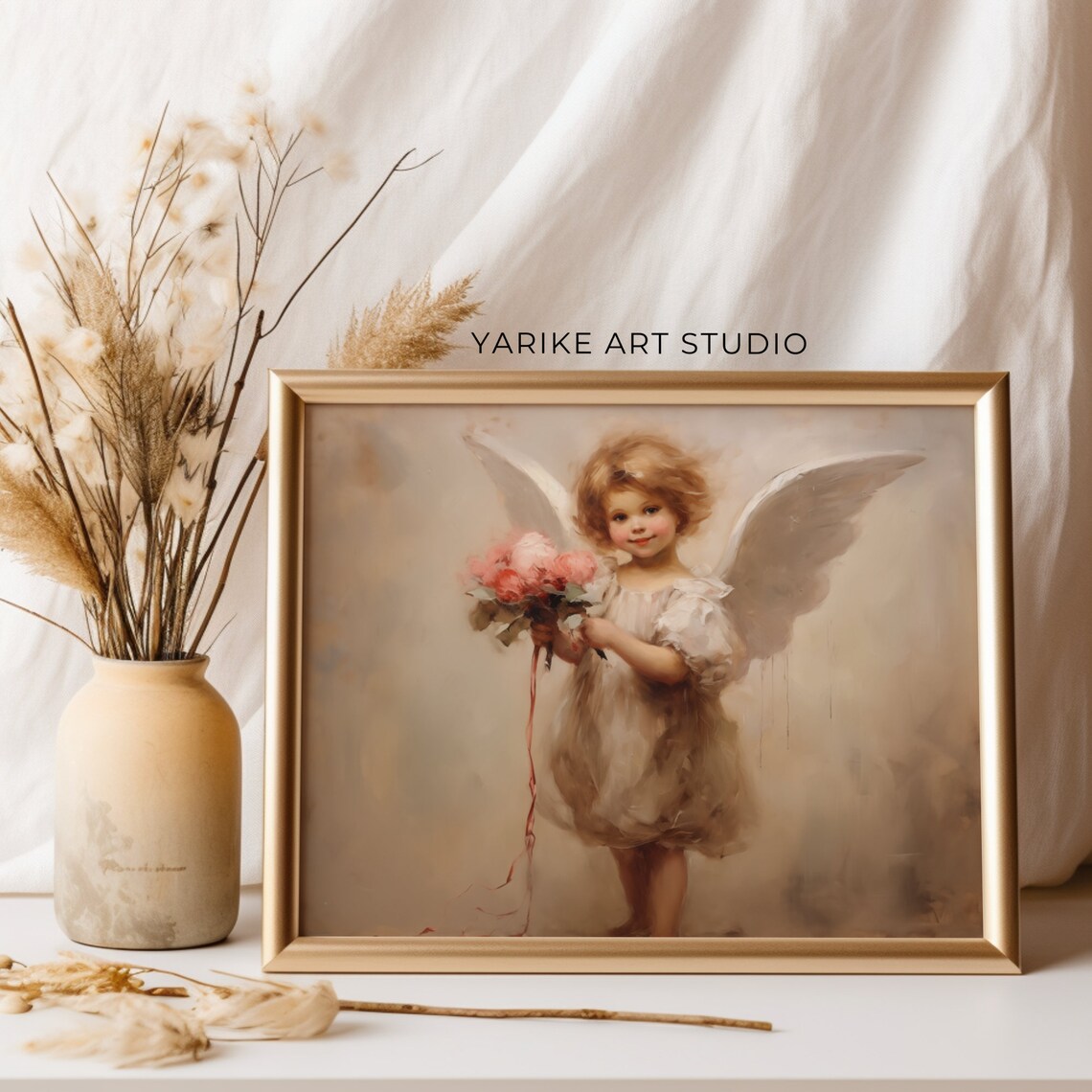 Sweet Cherub Angel with Pink Roses Bouquet Vintage Painting Poster - Image 2