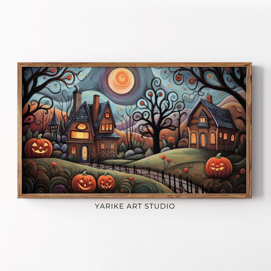 Halloween Village Jack O Lanterns Haunted Cottages Full Moon Poster