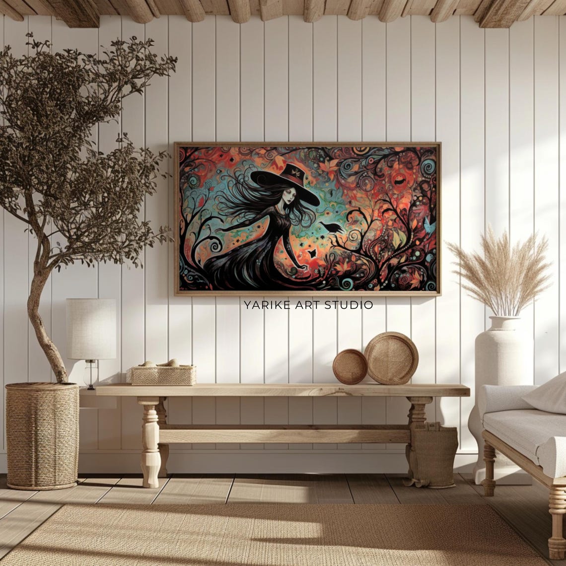 Whimsical Witch Portrait Flowing Black Hair Autumn Magic Art Poster - Image 2