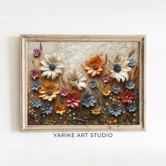 Colorful Wildflowers Impasto Oil Painting Textured 3D Floral Poster