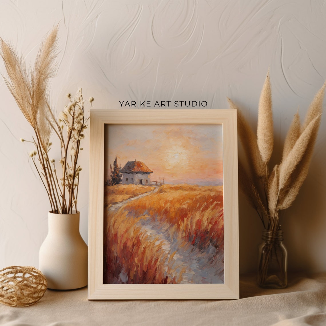 Country Hut In Golden Wheat Field At Sunset Rustic Vintage Poster - Image 5