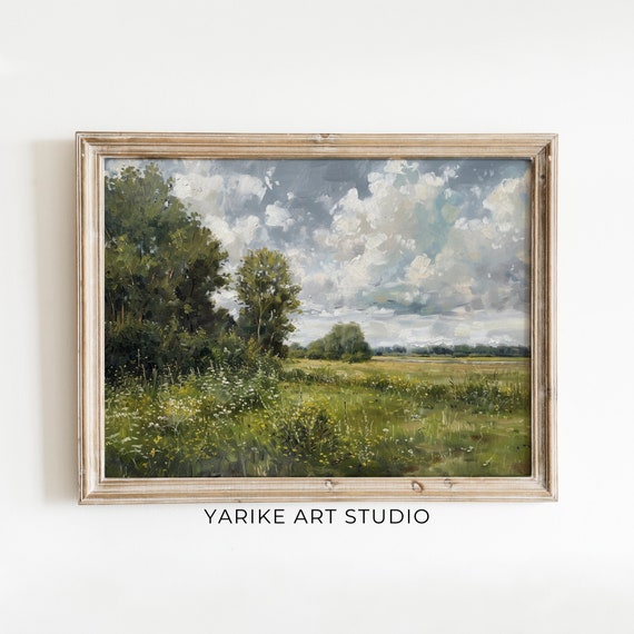 Vintage Country Oil Painting Vintage Landscape Art Print Vintage Farmhouse Wall Art Green Landscape Painting 651