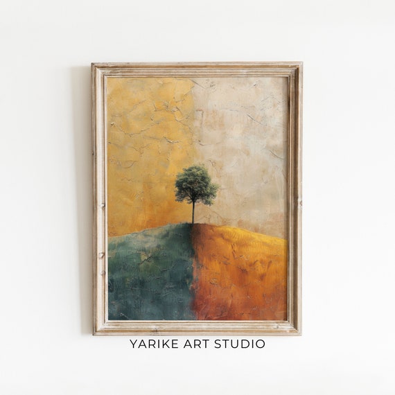 Abstract Lonely Tree Painting Minimalist Landscape Wall Art Earth Tone Print Cottage Decor 666