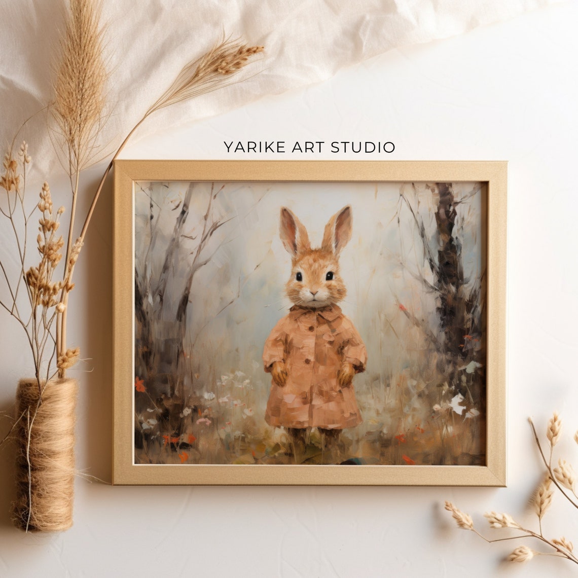 Charming Bunny Wearing a Coat Cottagecore Portrait Painting Poster - Image 4