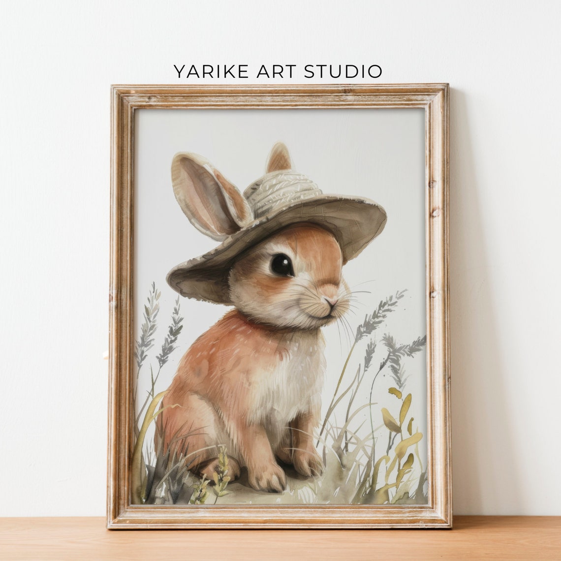 Cute Bunny Wearing Straw Hat Watercolor Rabbit Nursery Poster - Image 5