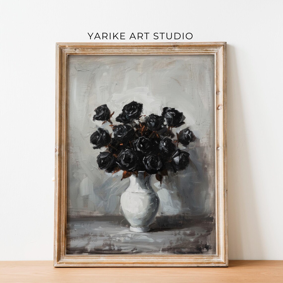 Black Roses White Vase Moody Floral Still Life Painting Poster - Image 6