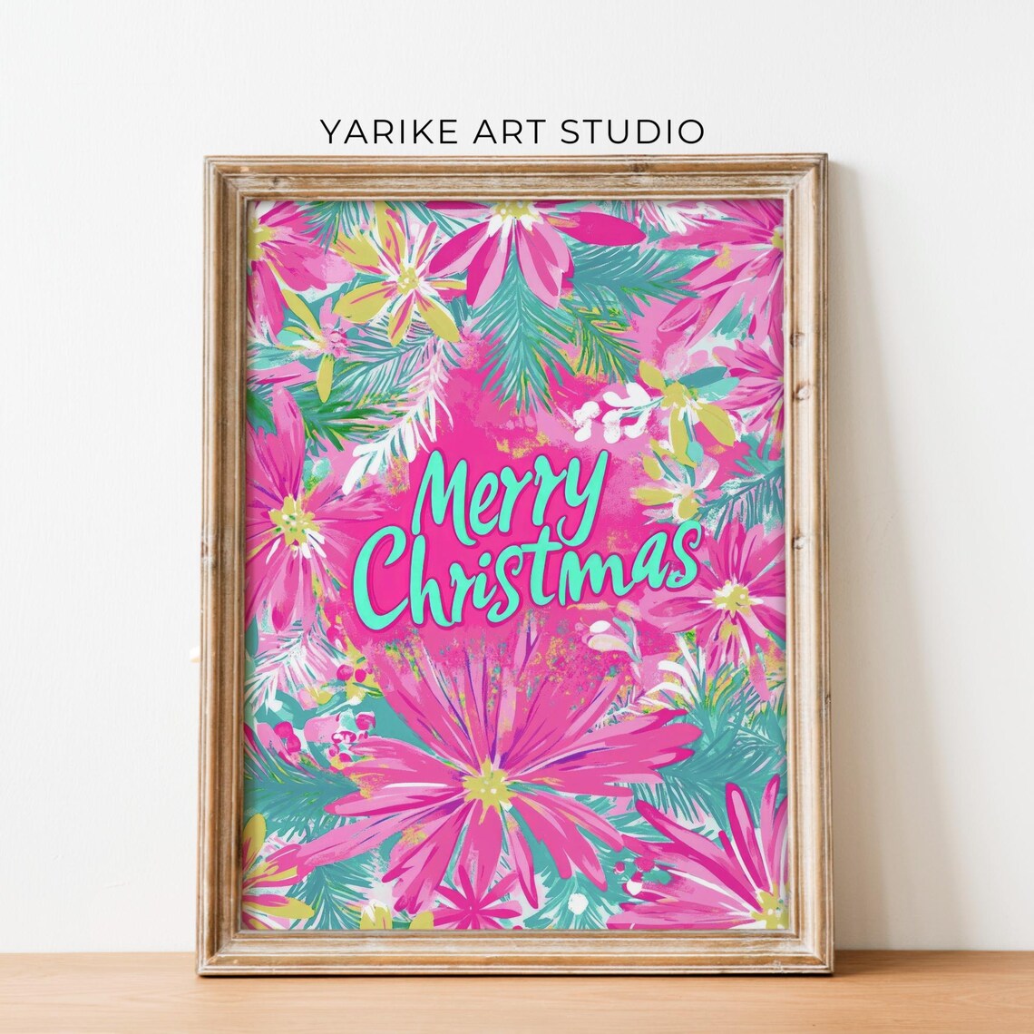Merry Christmas Pink Tropical Floral Text Art Bright Holiday Poster - Image 2