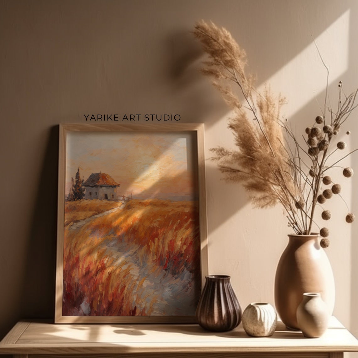 Country Hut In Golden Wheat Field At Sunset Rustic Vintage Poster - Image 2