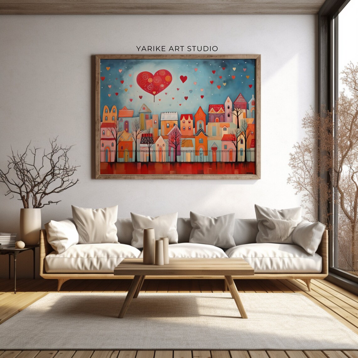 Whimsical Town Giant Heart Balloon Colorful Folk Art Love Poster - Image 3