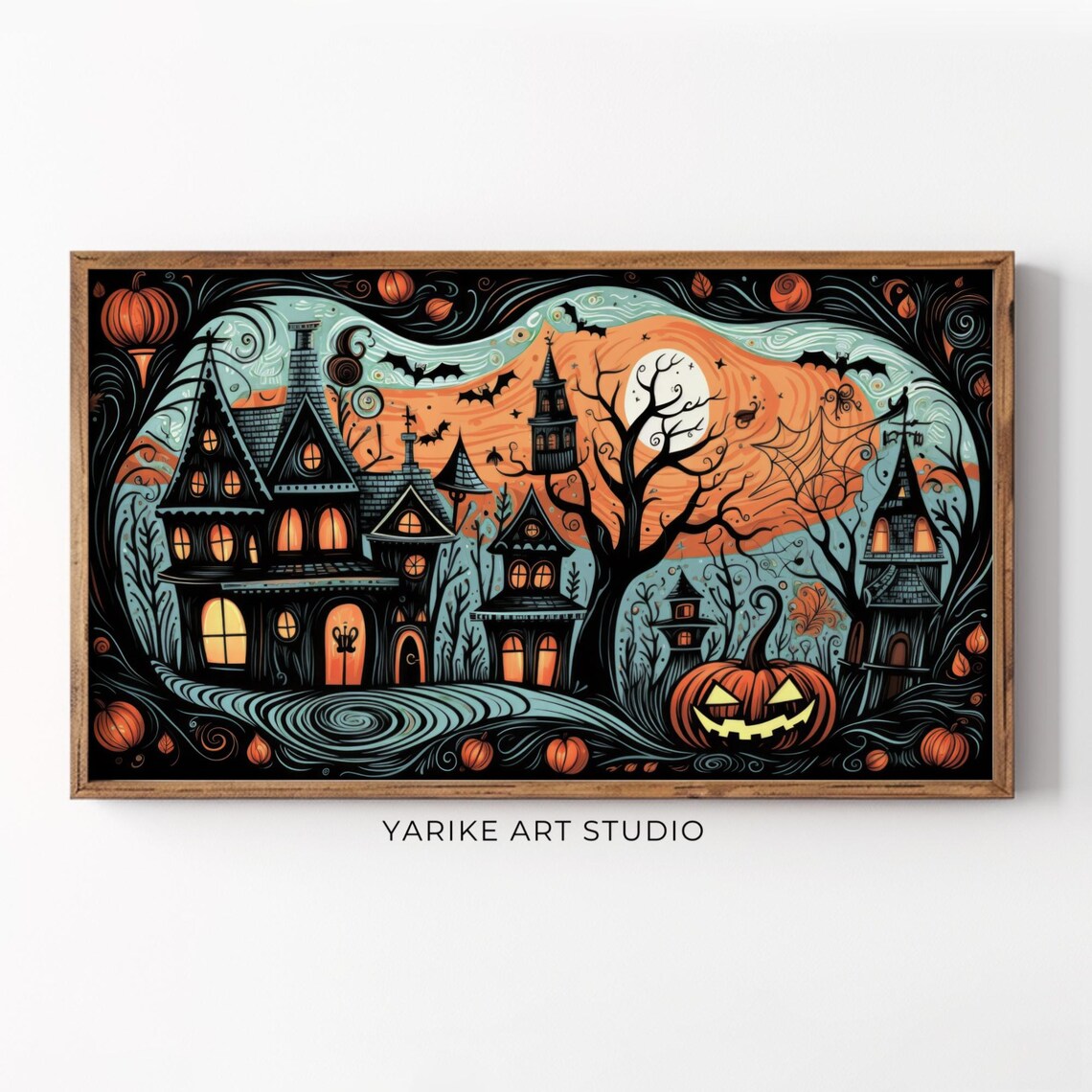 Haunted Houses Halloween Night Bats Jack O Lantern Spooky Art Poster