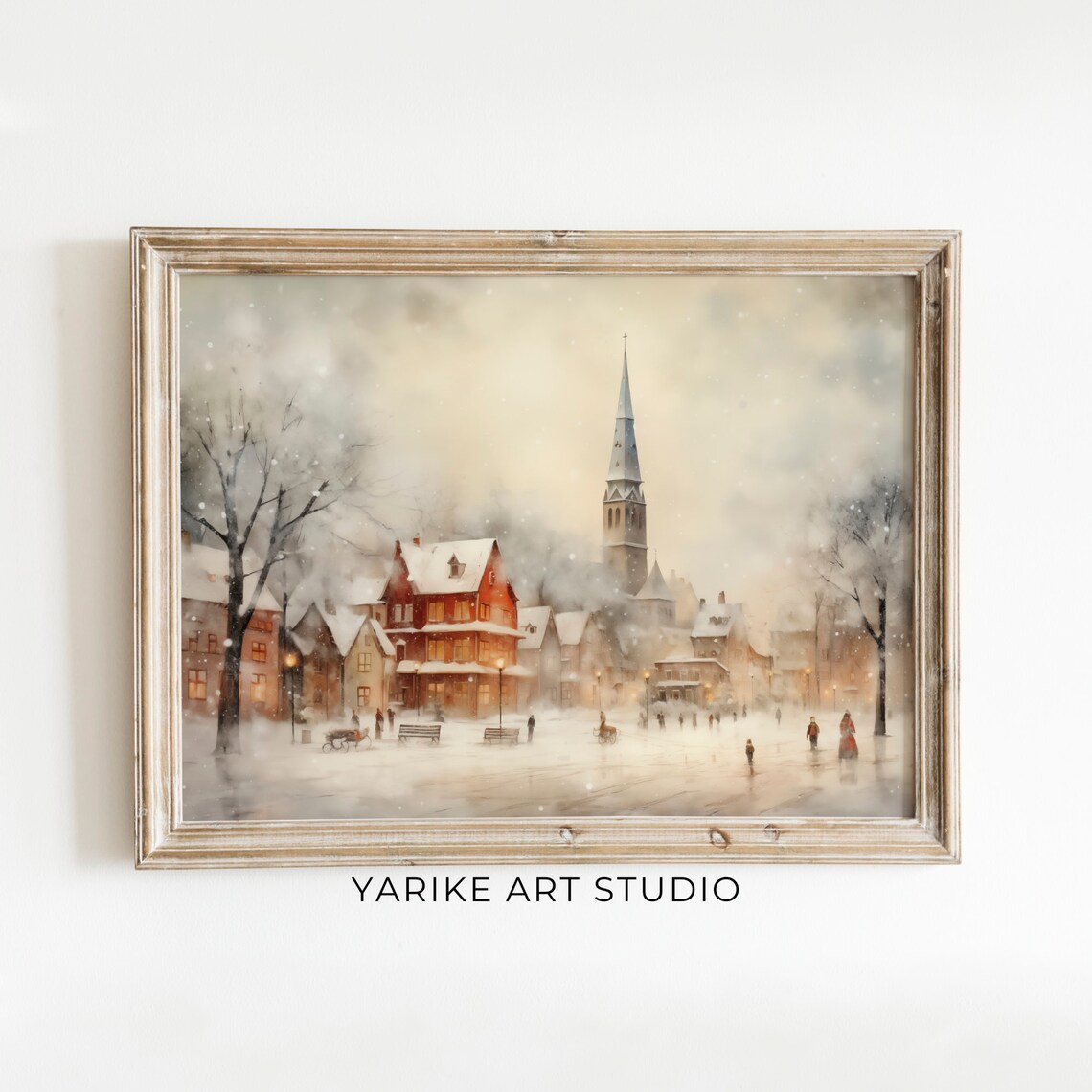 Snowy European Old Town Church Spire Watercolor Winter Village Poster