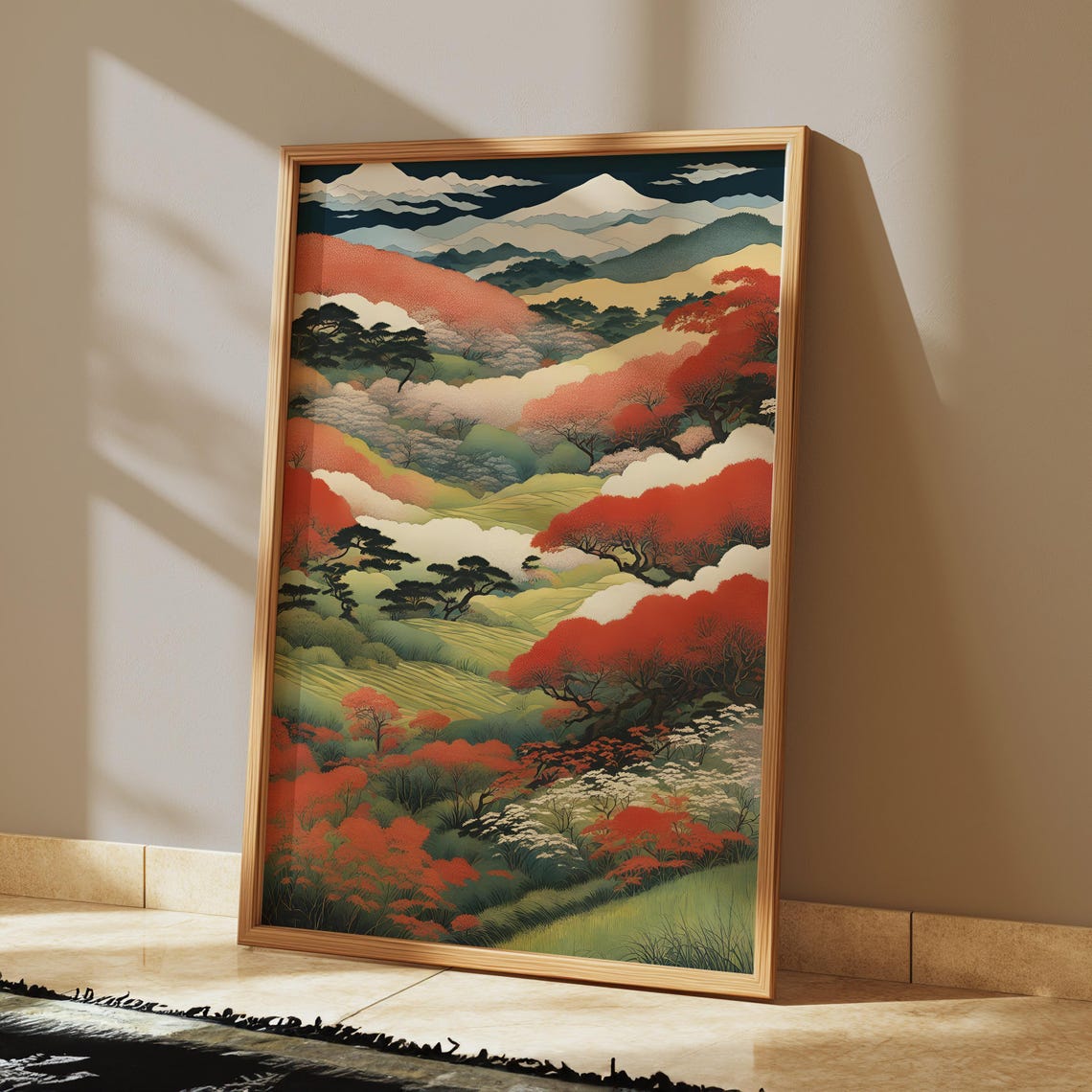 Japanese Autumn Mountains With Red Maples Traditional Landscape Poster