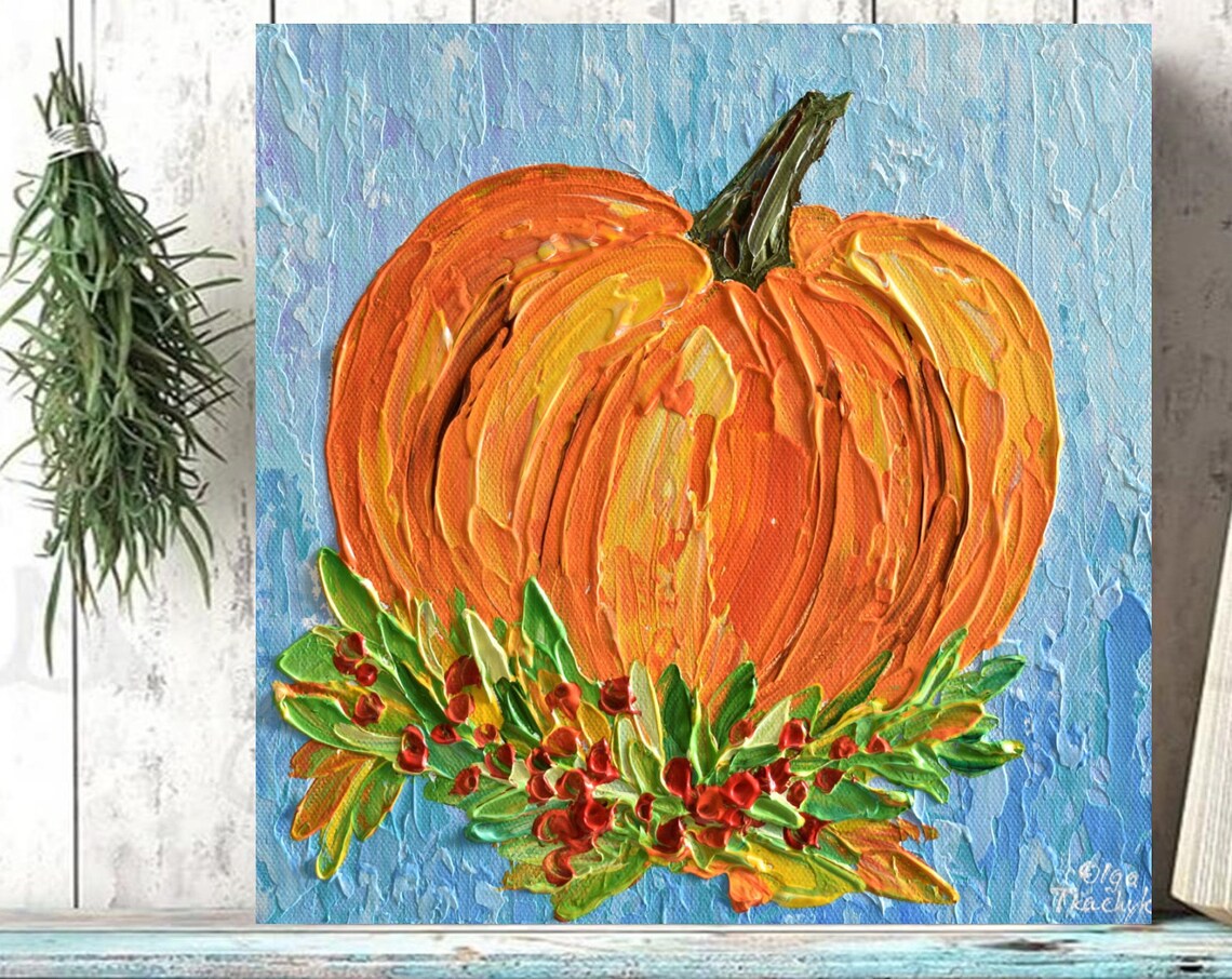 Impasto Pumpkin Halloween Art Print, Fall Acrylic Style