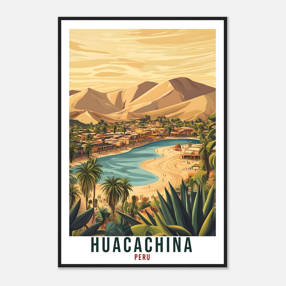 Huacachina Peru Desert Oasis Lagoon Palm Dunes Vintage Travel Poster Art - Image 4