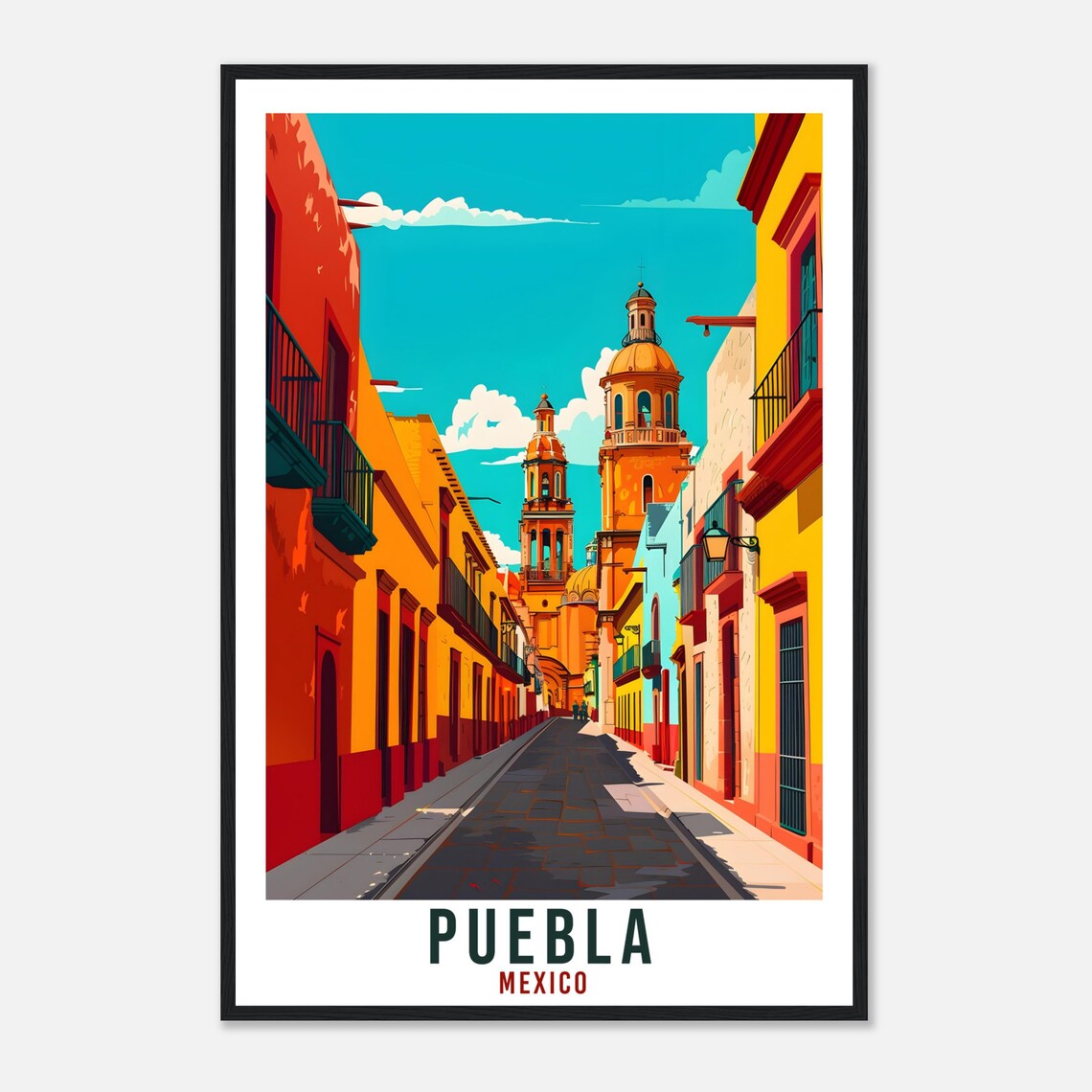 Puebla Mexico Colorful Colonial Street Church Towers Travel Poster - Image 4
