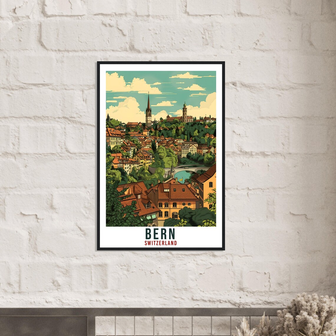 Bern Switzerland Old Town Spire Rooftops Green Hills Travel Poster - Image 2