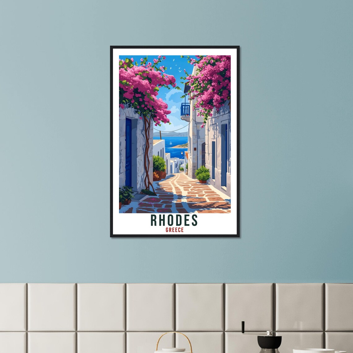 Rhodes Greece Travel Poster Bougainvillea Alley Aegean Sea View - Image 2