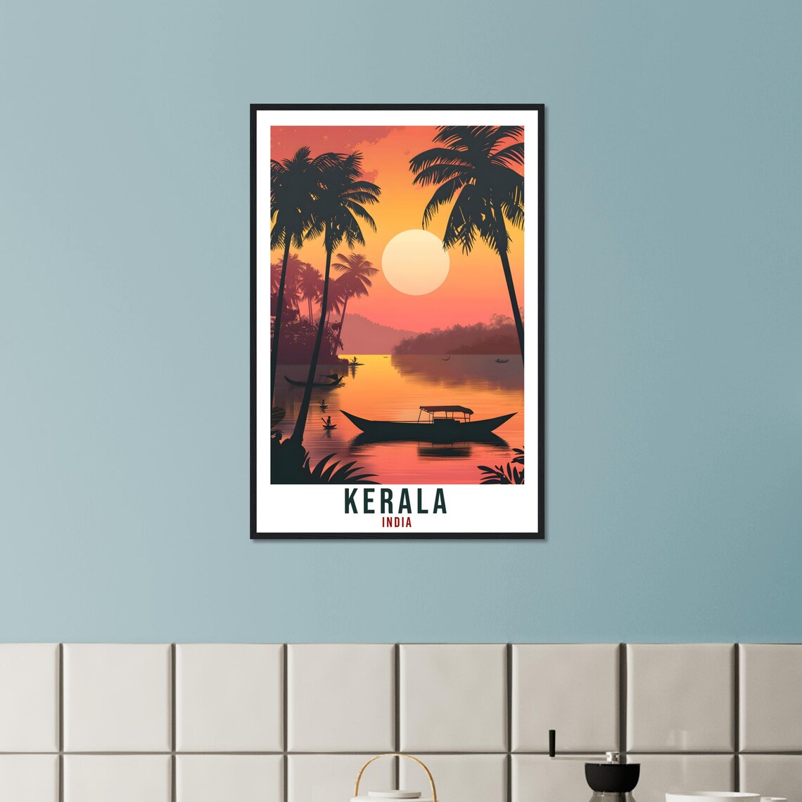Kerala India Palm Trees Sunset Backwater Boats Travel Poster - Image 3