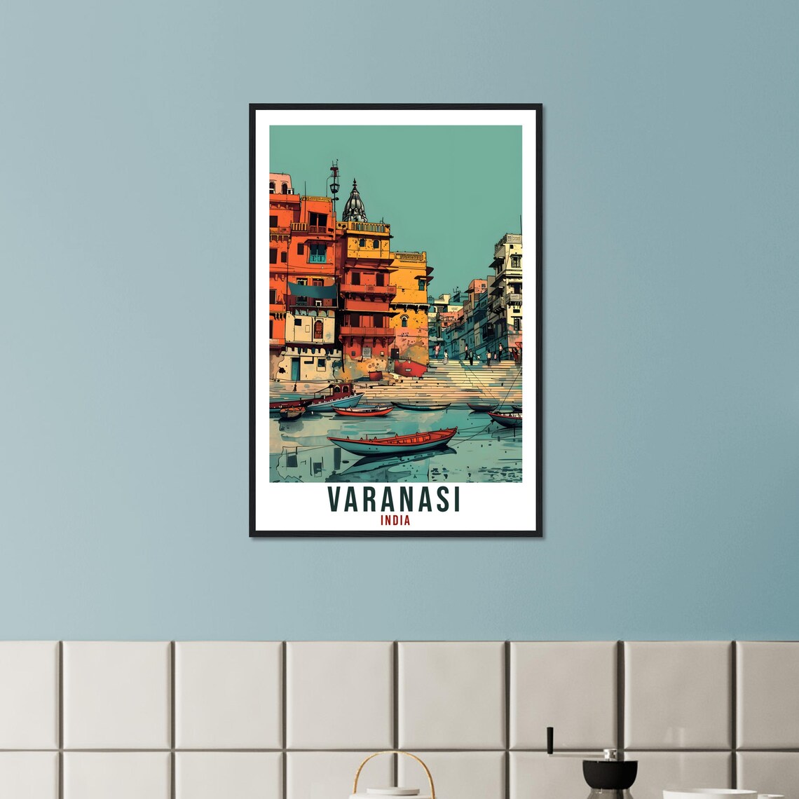 Varanasi India Riverside Ghats Boats Colorful Buildings Travel Poster - Image 2