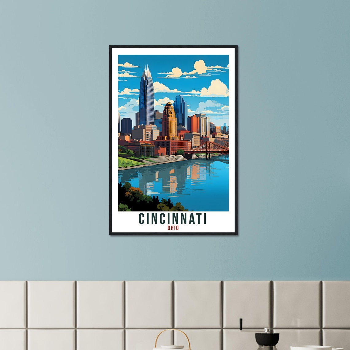 Cincinnati Ohio Skyline Riverfront Queen City Retro Travel Poster - Image 2