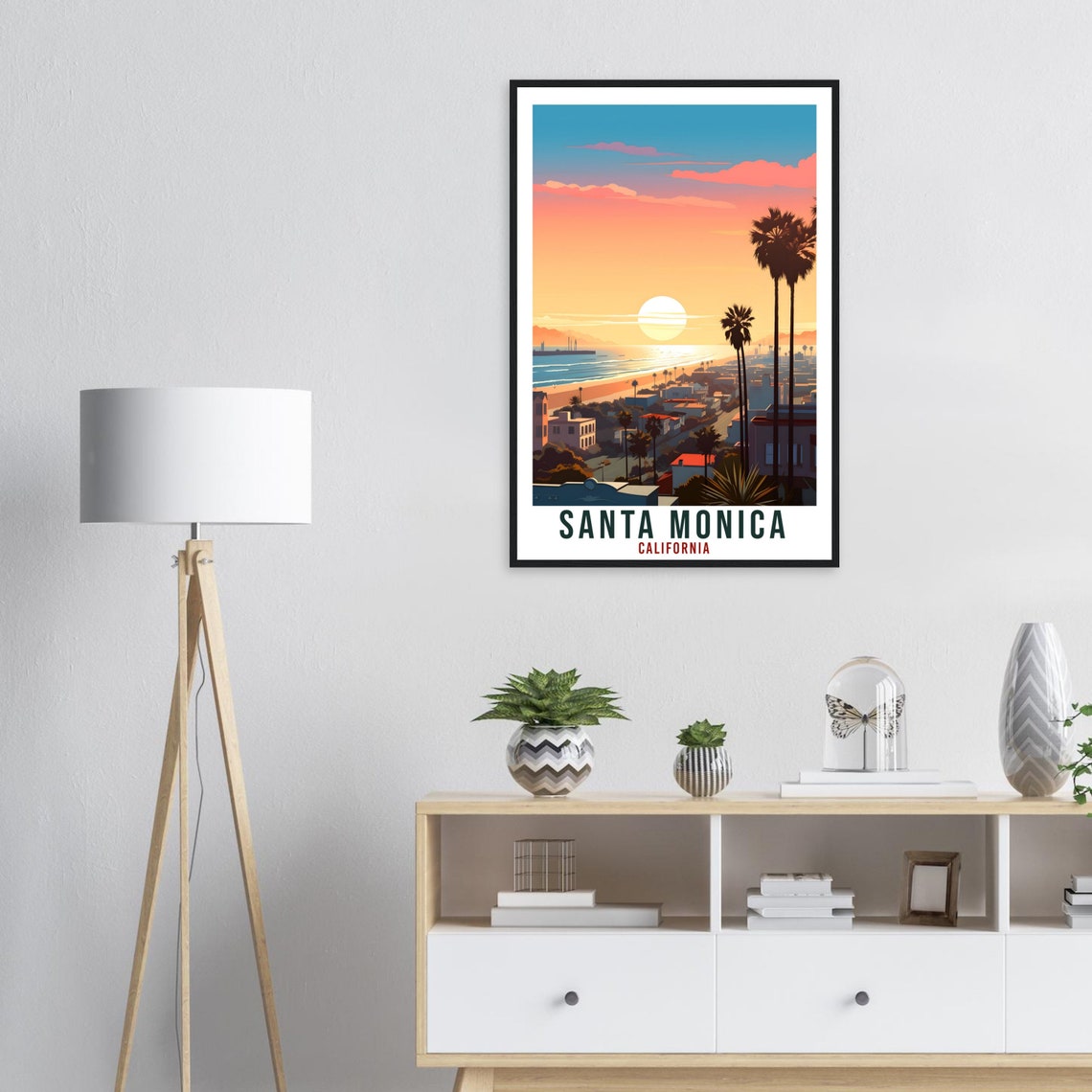 Santa Monica California Beach Sunset Palm Trees Travel Poster - Image 3