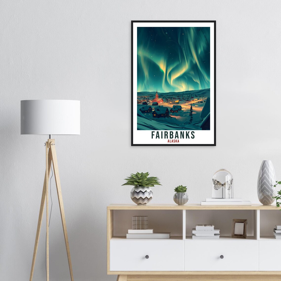 Fairbanks Alaska Northern Lights Snowy Town Winter Night Poster - Image 2