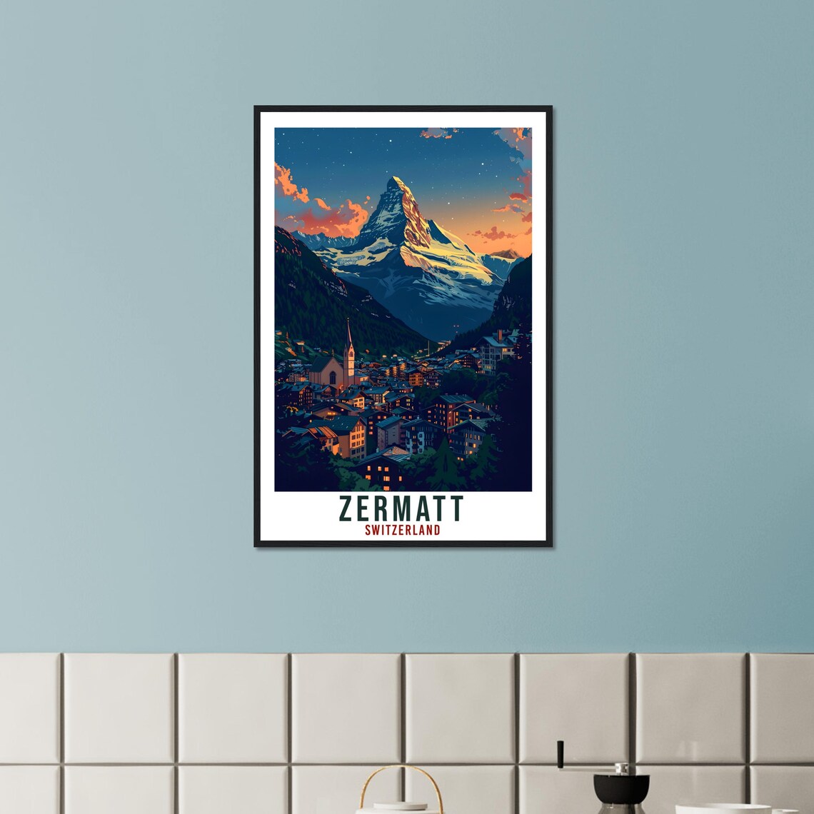 Zermatt Switzerland Matterhorn Peak Village Night Glow Travel Poster - Image 3